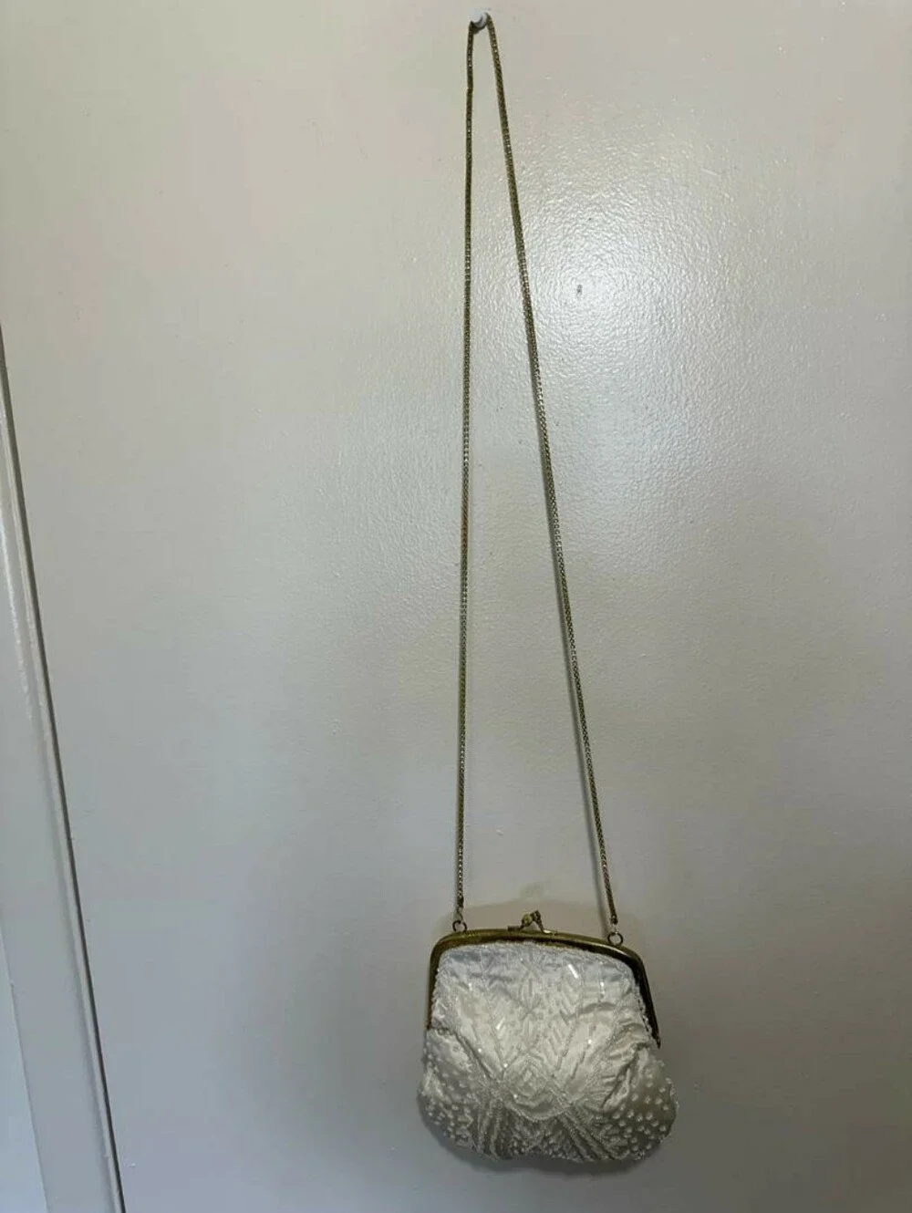 Vintage Beaded Evening Bag  Ivory Beads and a Gold-tone Metal Frame